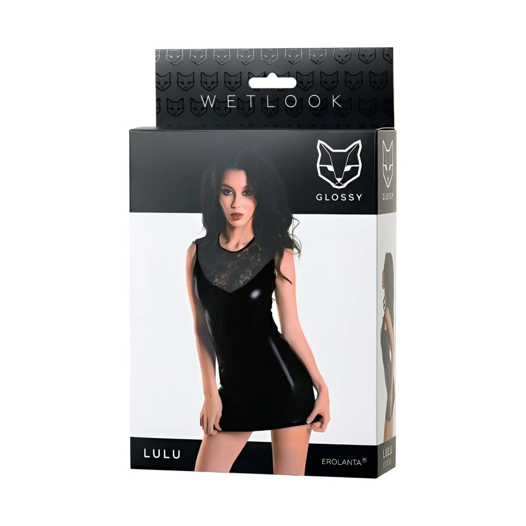 Black glossy wetlook dress Lulu L with lace collar sleeveless design made of latex for stylish evening wear