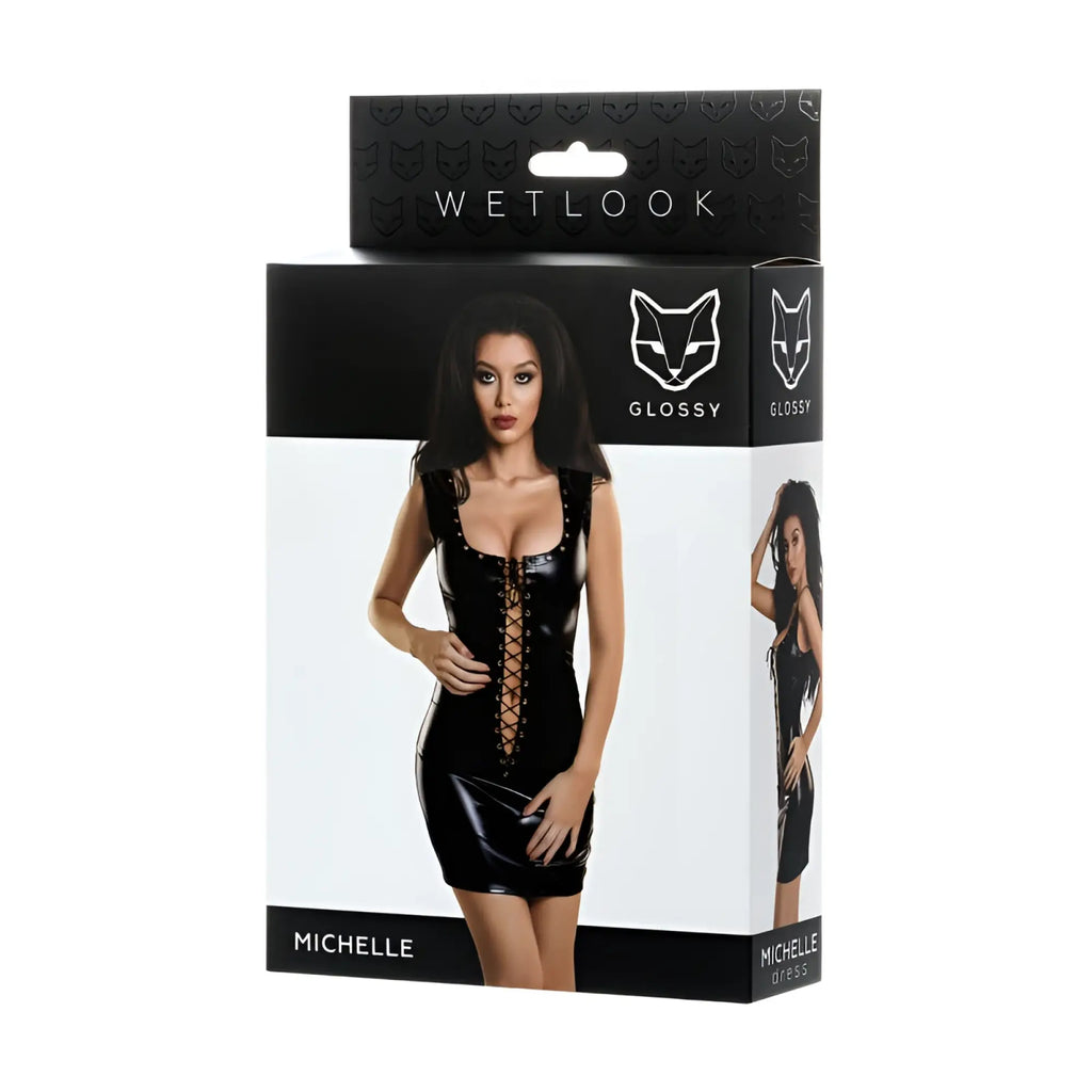 Black glossy latex michelle dress with lace-up front and studs in xl size for edgy wetlook fashion