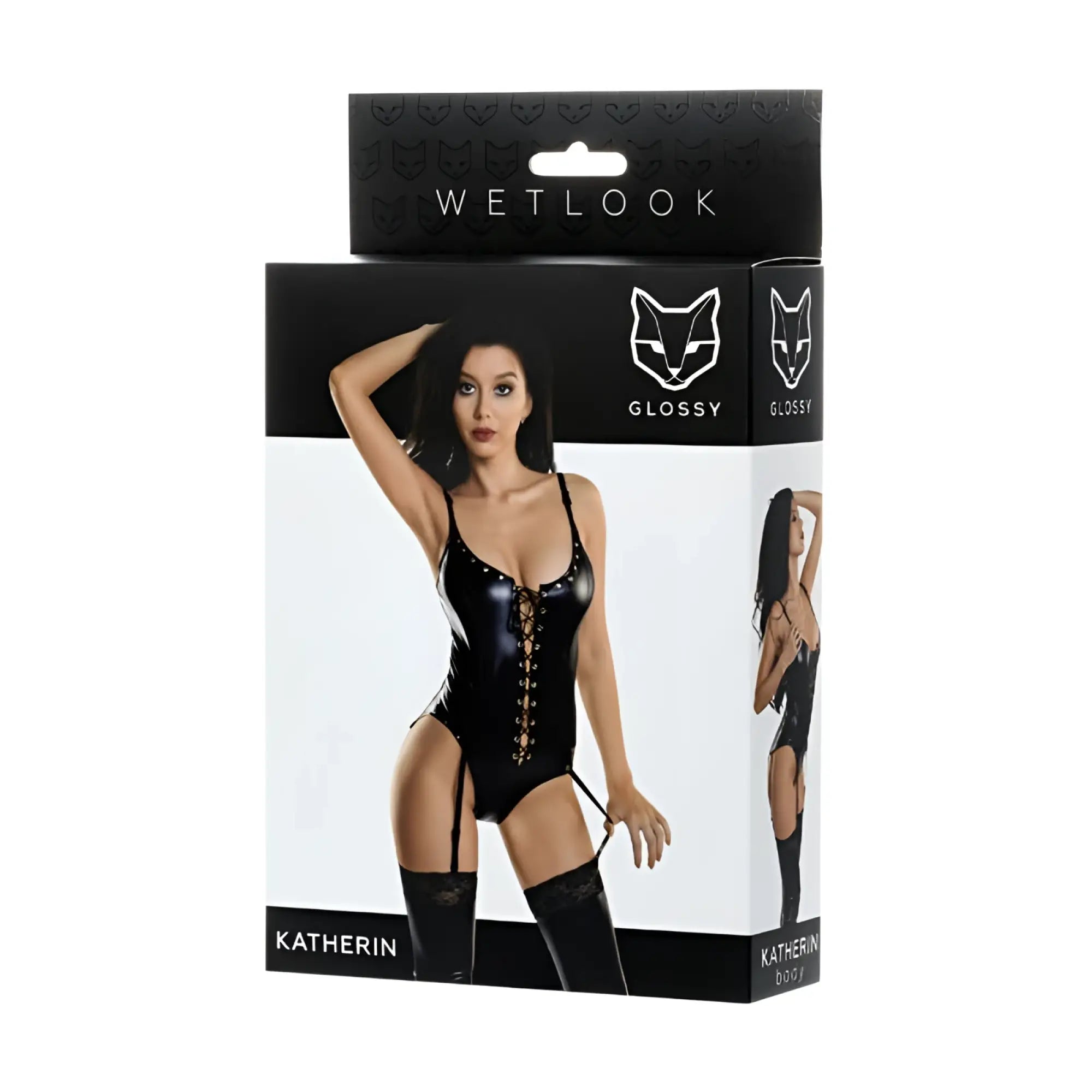 Black glossy latex bodysuit with gold-toned lace-up front and matching thigh-high stockings for wetlook style