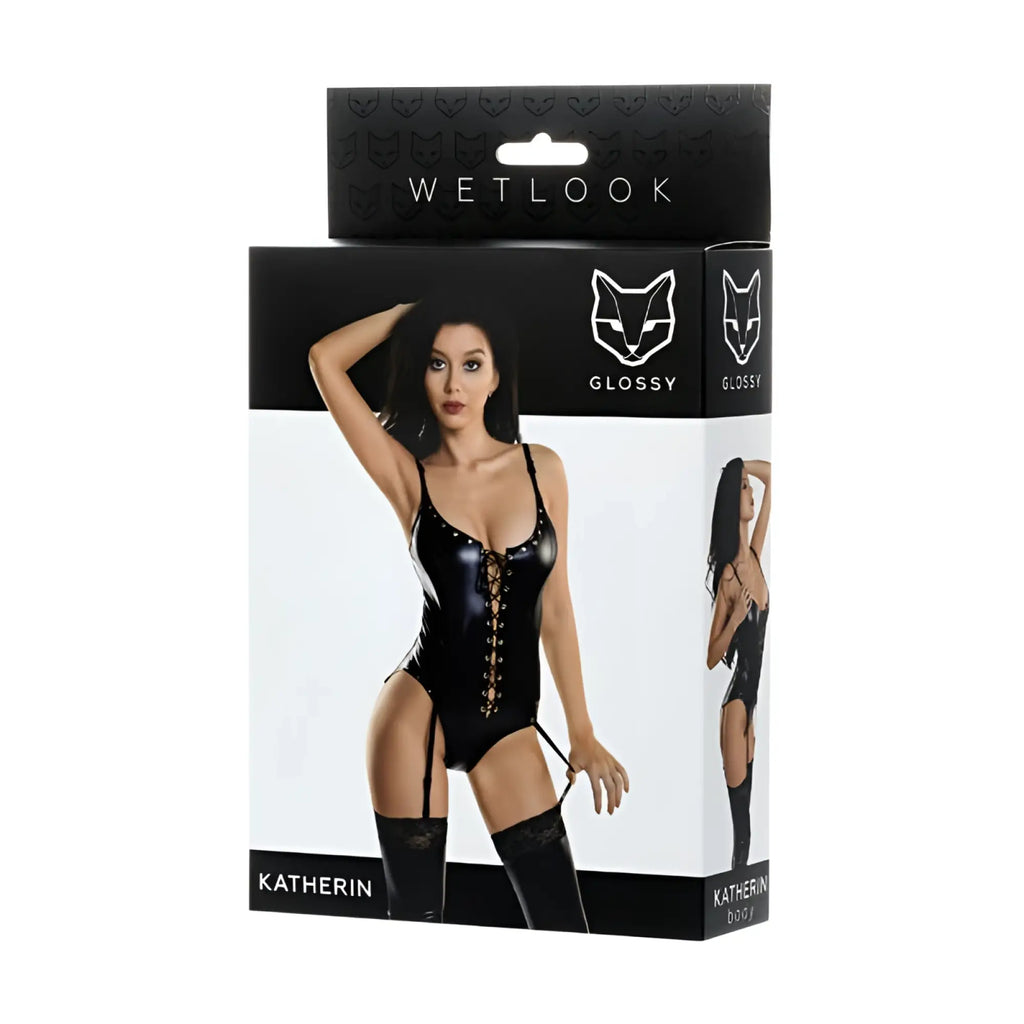 Black glossy latex bodysuit with gold toned lace up front and matching thigh high stockings in size xl