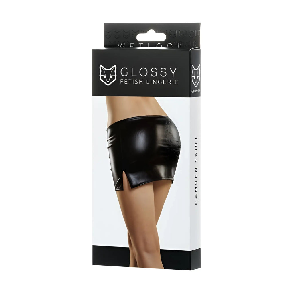 Black glossy faux leather mini skirt with side slit from wetlook glossy fetish lingerie collection Camren L model