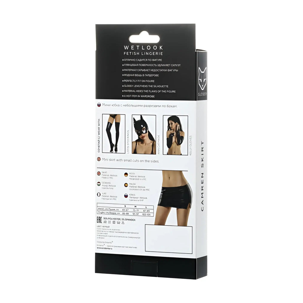 Glossy wetlook black mini skirt camren xl with small side cuts designed for fetish lingerie use