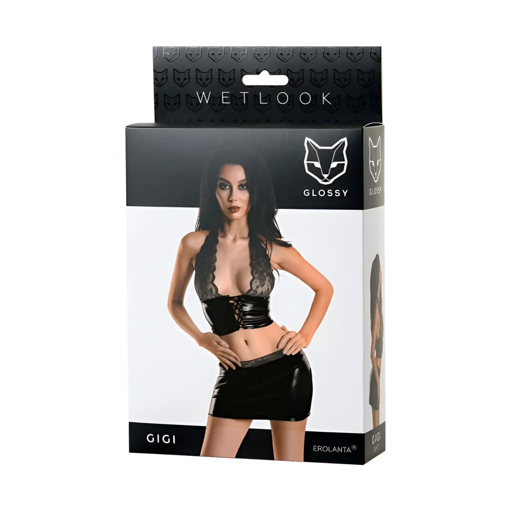 Black glossy wetlook latex corset with lace trim and matching mini skirt set from glossy glossy wetlook set gigi s