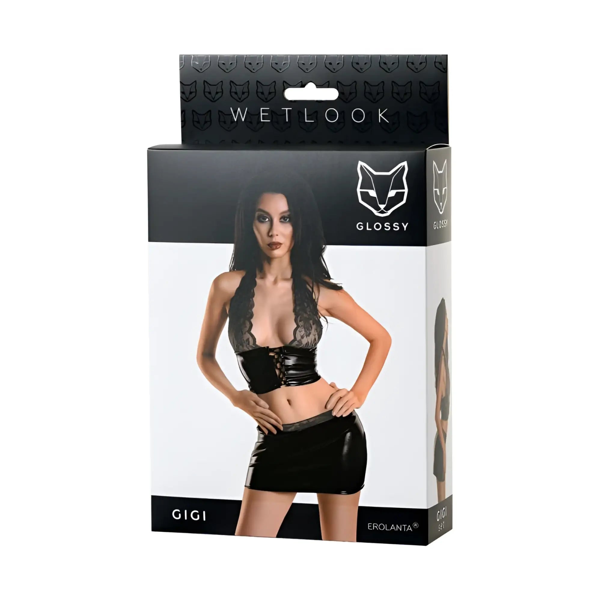 Black glossy wetlook latex corset with lace trim and matching mini skirt set from glossy glossy wetlook set gigi s