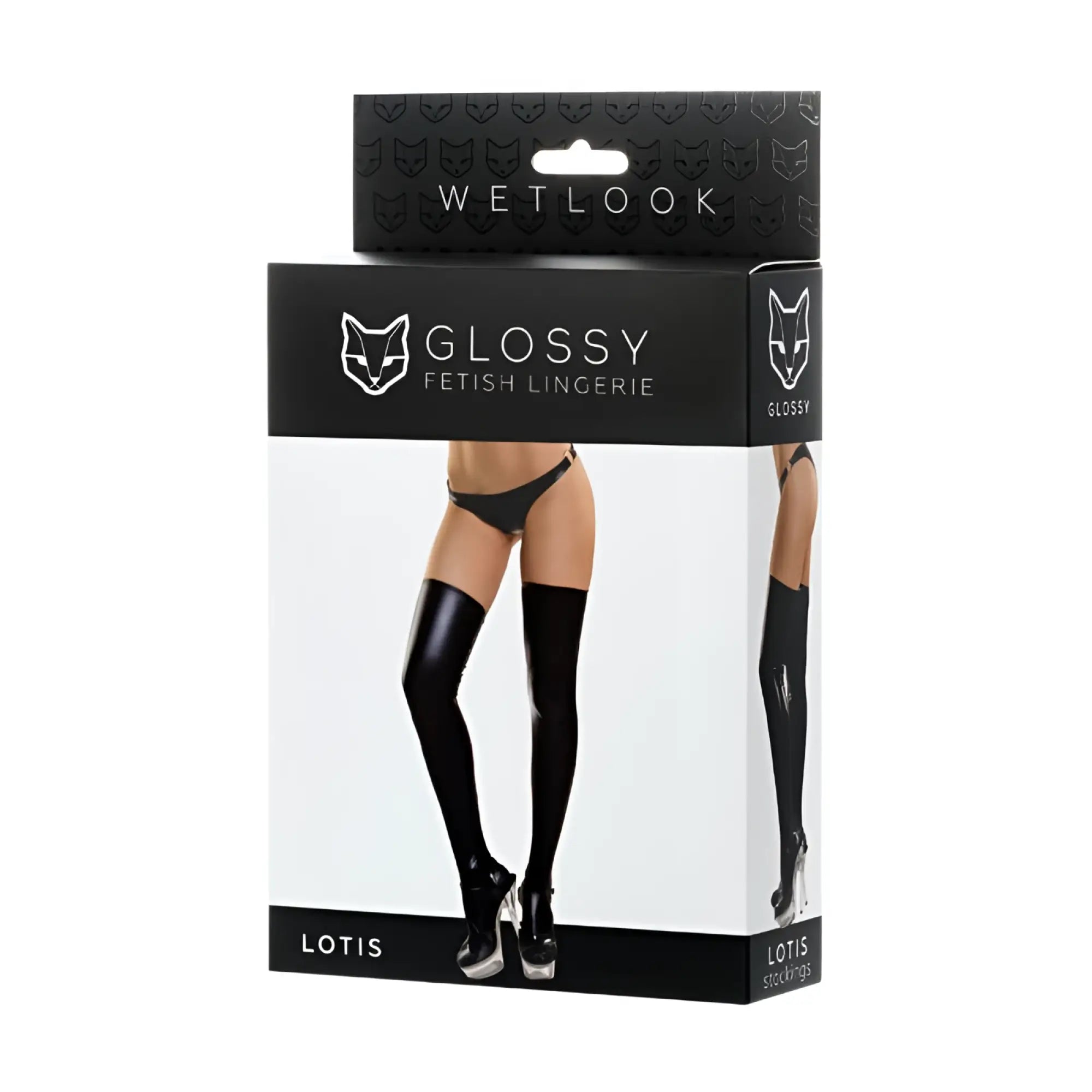 Black glossy wetlook thigh-high stockings from the fetish lingerie line model lotis with shiny finish