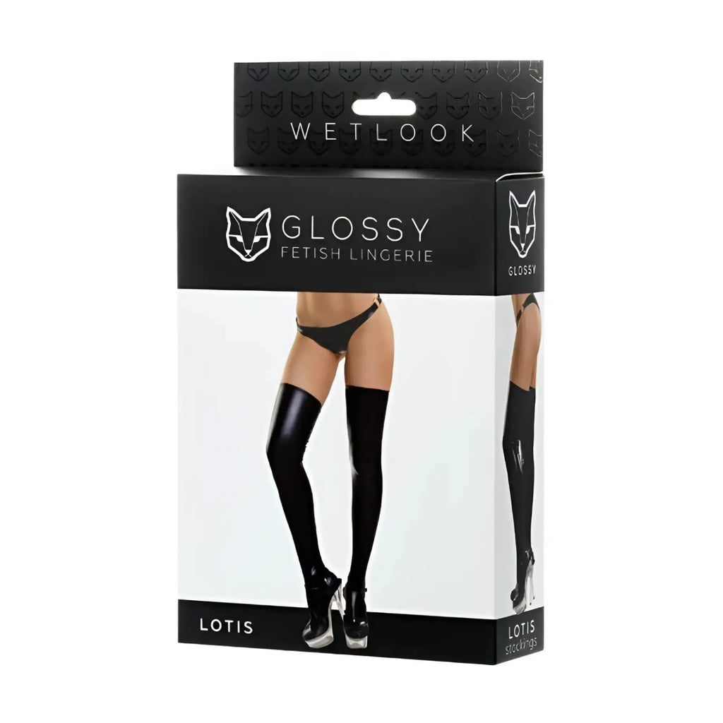 Black glossy thigh-high stockings from wetlook glossy fetish lingerie line model lotis shown from the back side