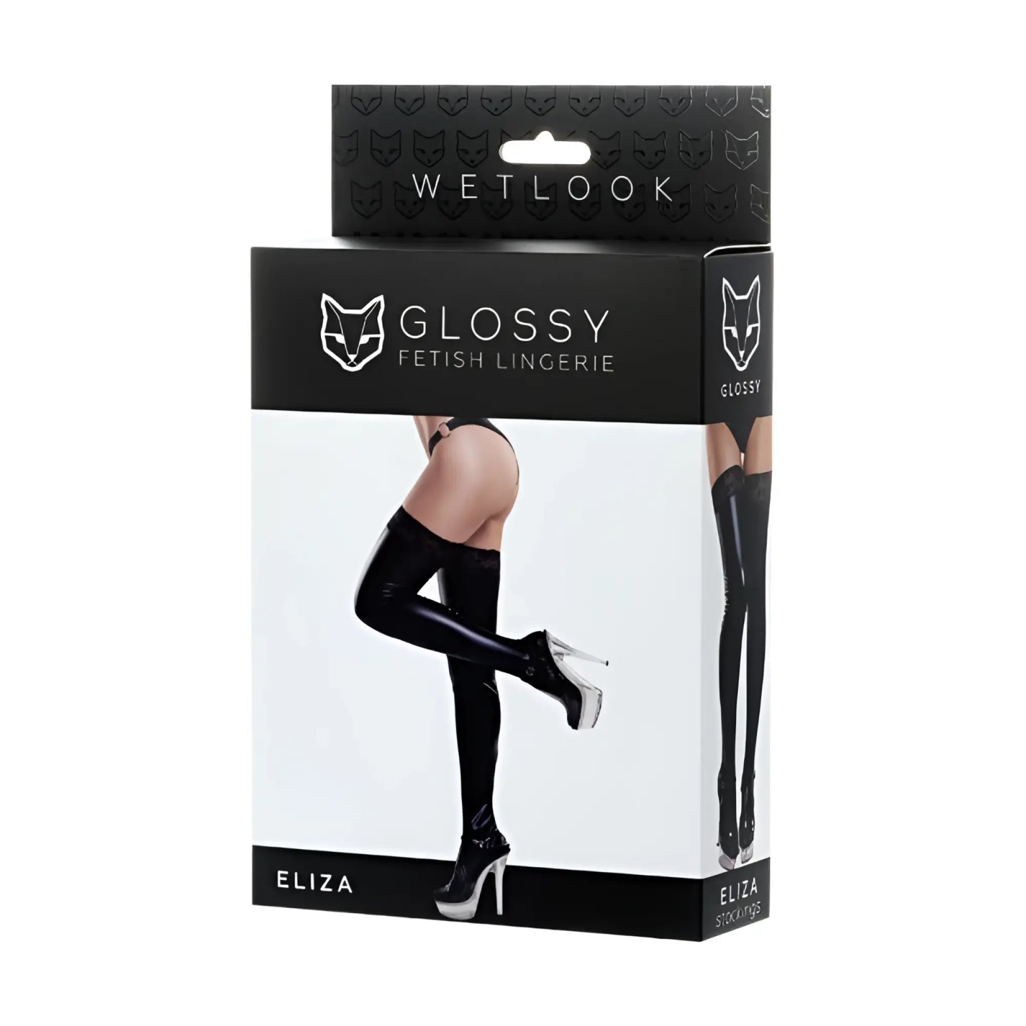 Black glossy over-the-knee wetlook stockings with lace insert in brand packaging titled glossy glossy eliza l
