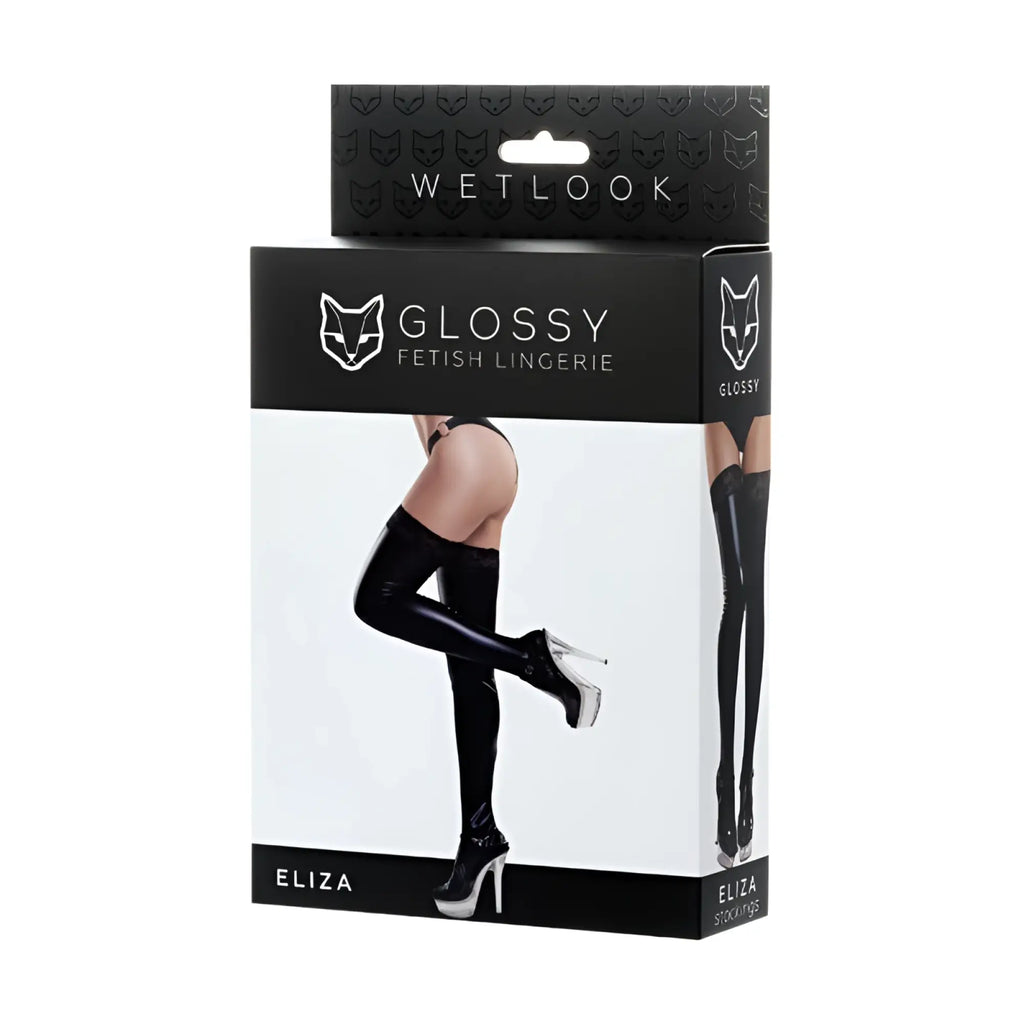 Black glossy wetlook over-the-knee stockings with lace insert in original eliza xl brand packaging