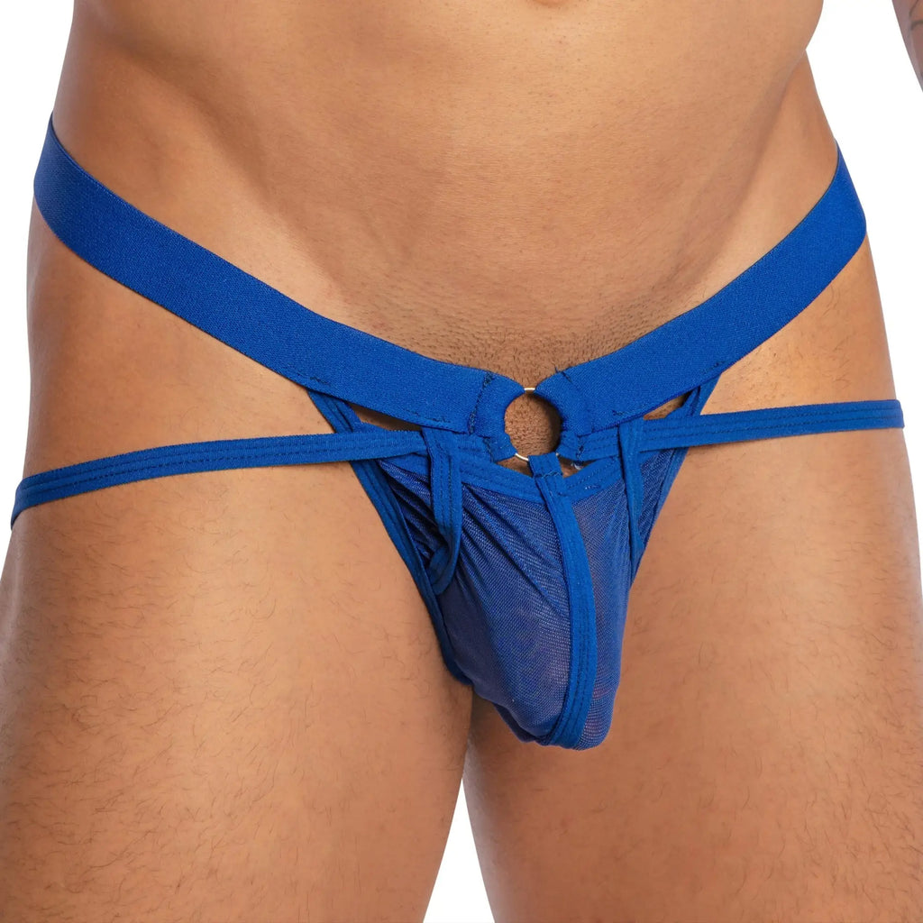 Blue mesh thong jockstrap with wide solid fabric straps and central metal ring good devil gdc0513
