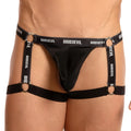 Black good devil GDE040 jockstrap harness briefs with satin fabric and adjustable straps featuring the gooddevil logo