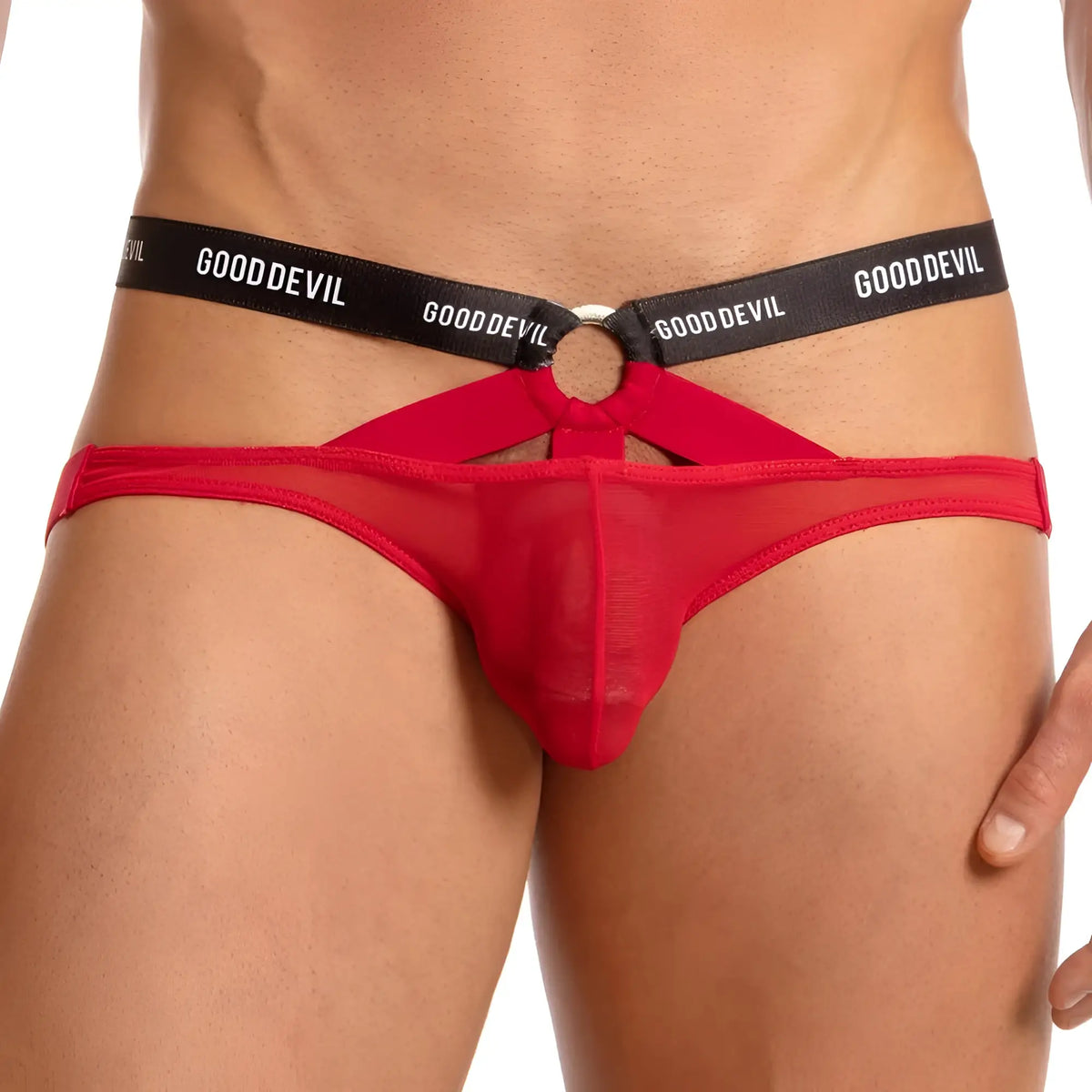 Red sheer mesh gooddevil menâ€™s thong with black waistband and white gooddevil lettering good devil gde043 jockstrap