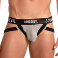Black and gray mesh briefs jockstrap with gooddevil branded waistband in breathable fabric for active wear