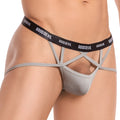 Gray good devil brand menâ€™s thong jockstrap with black waistband and white logo featuring crisscross fabric straps