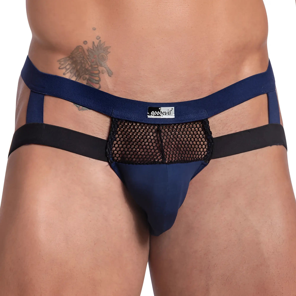 Navy blue and black mesh Good Devil GDE065 jockstrap thong with branded label on front side