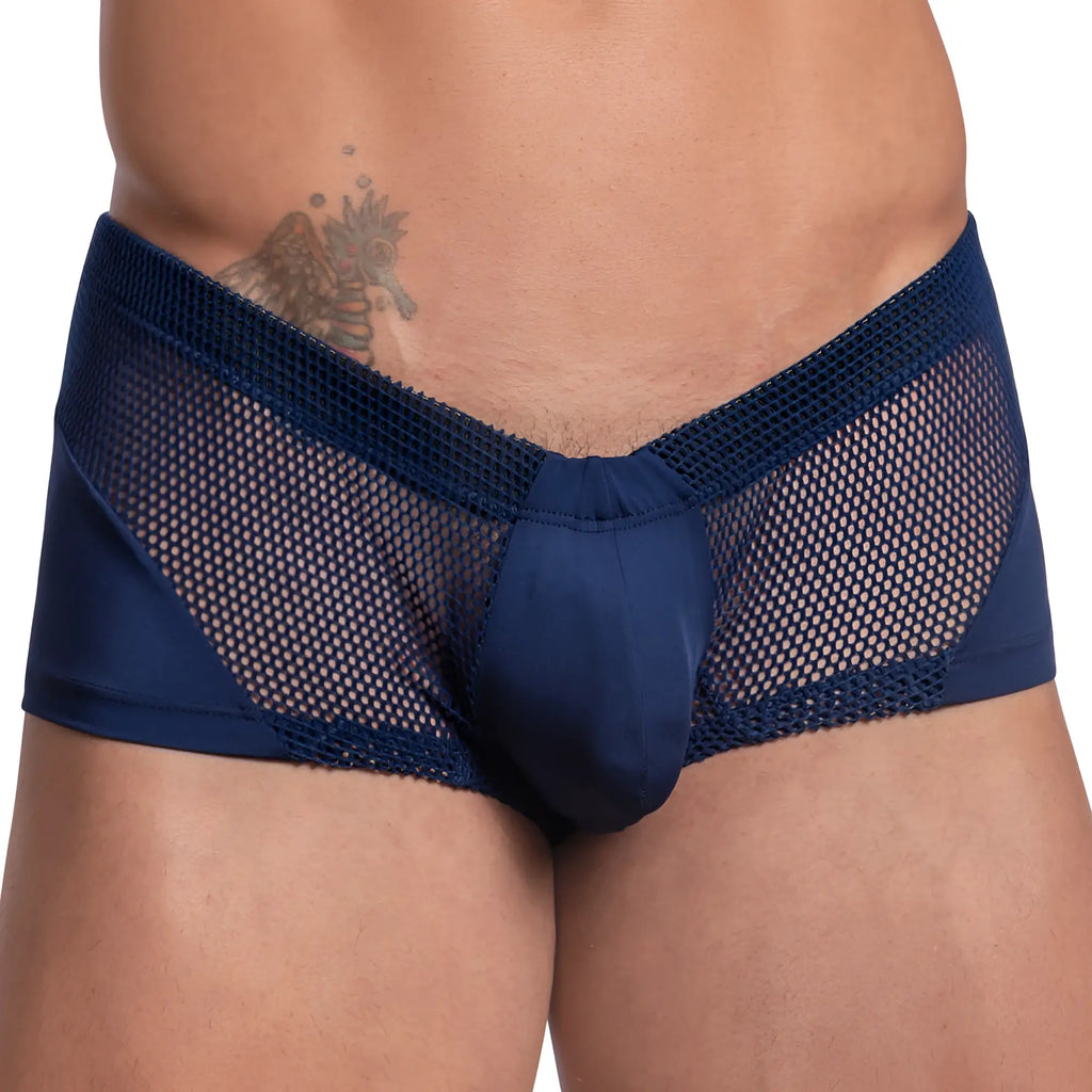 Navy blue Good Devil GDG014 boxer trunk briefs with satin front panel mesh fabric and elastic waistband