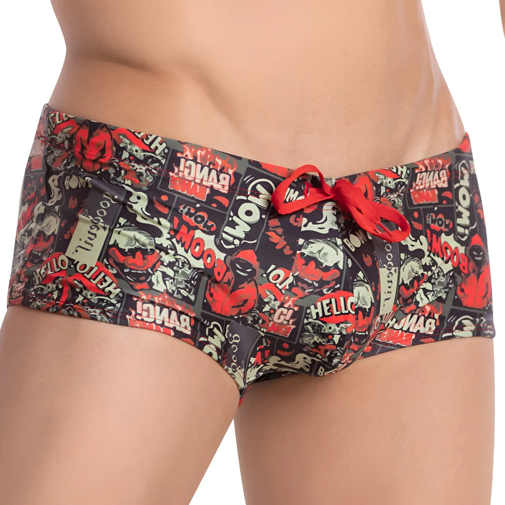 Good devil gdh011 boxer trunk swim trunks in red and black comic book print with red drawstring for men