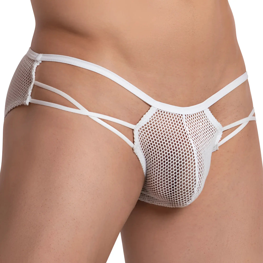 White mesh thong brief with crisscrossing elastic straps from good devil gdi024 collection back side view
