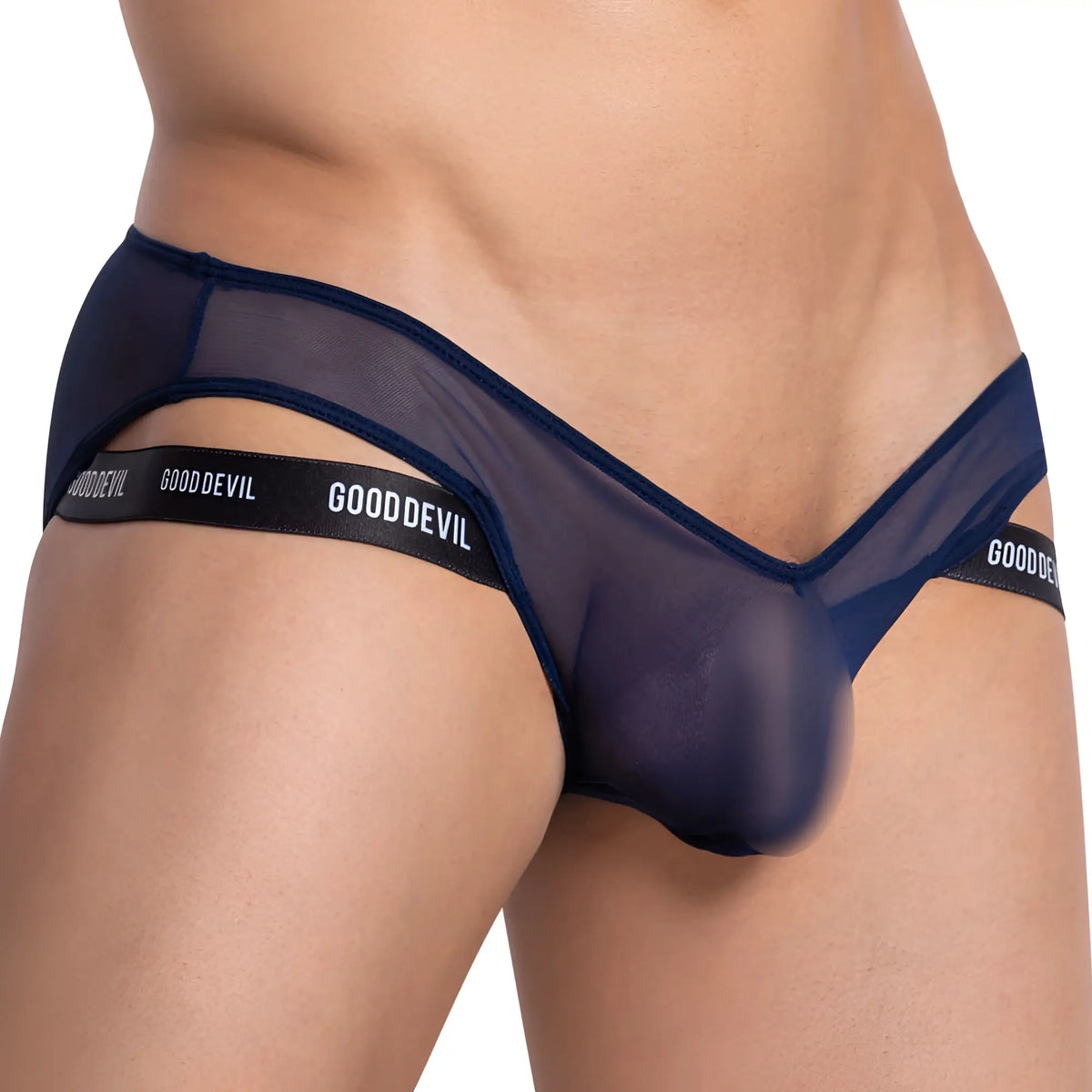 Navy blue sheer mesh menâ€™s gooddevil bikini brief with black elastic waistband visible from the back side