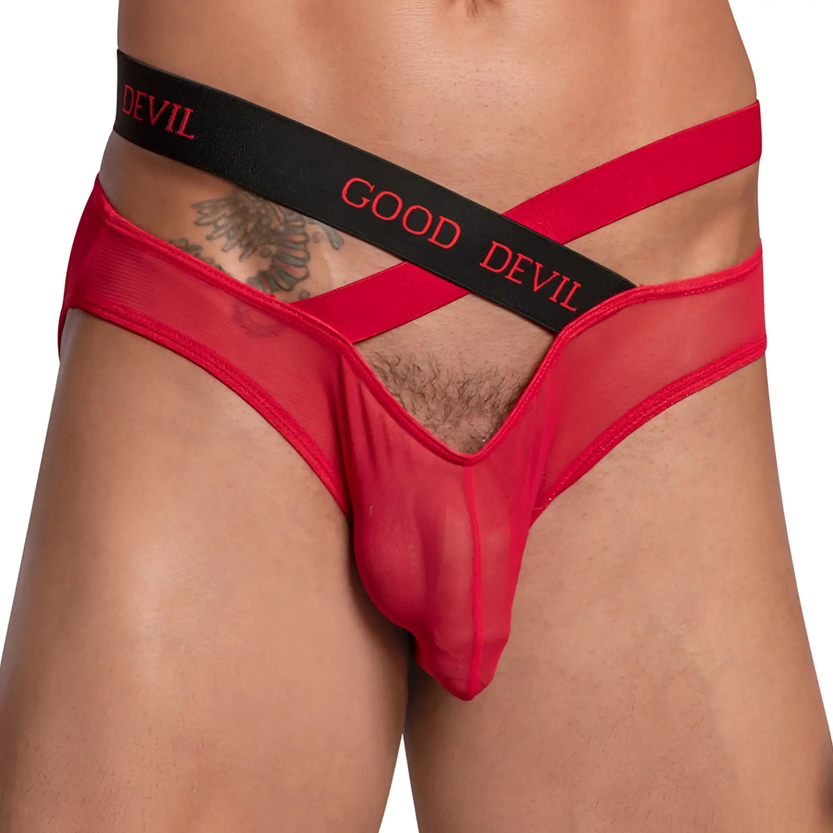 Red sheer mesh good devil bikini brief with black elastic waistband and red lettering seen from the back side