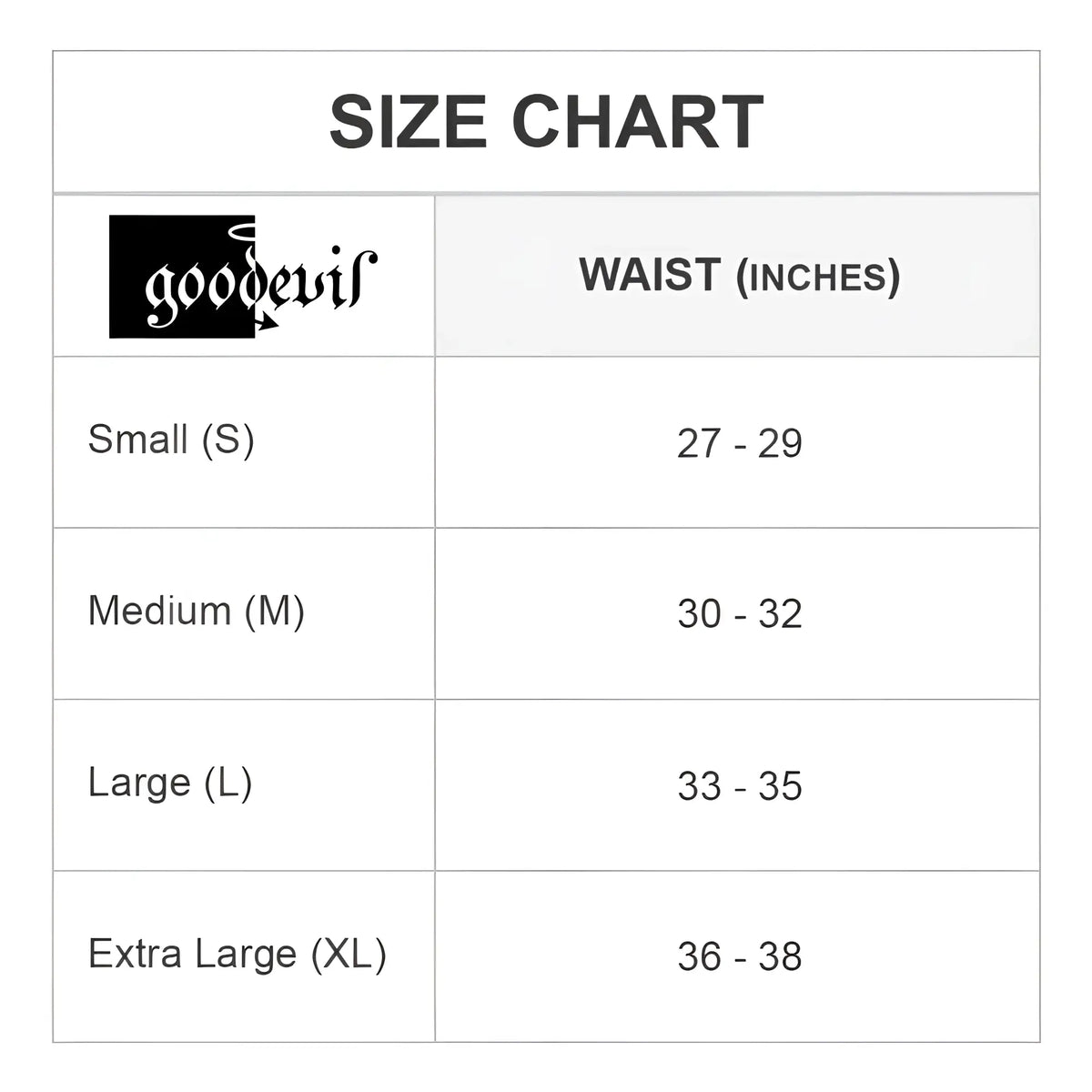 Gooddevil gdk036 thong size chart showing waist measurements for small to extra large sizes