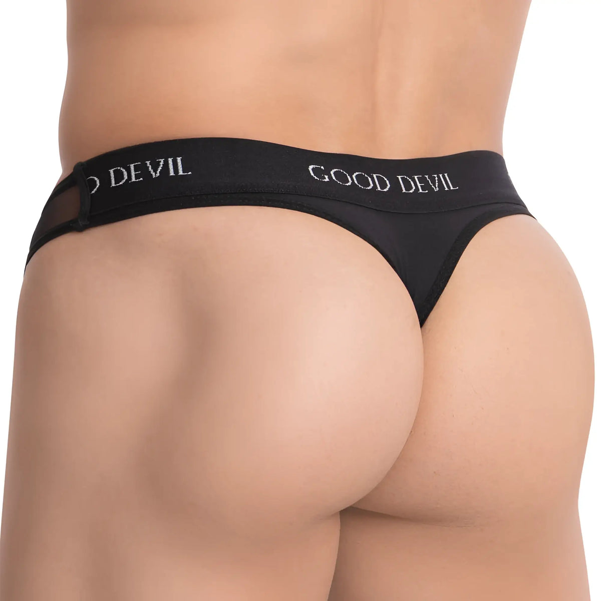 Black thong with good devil embroidered in white on the waistband showing the back side of the good devil gdk055 thong