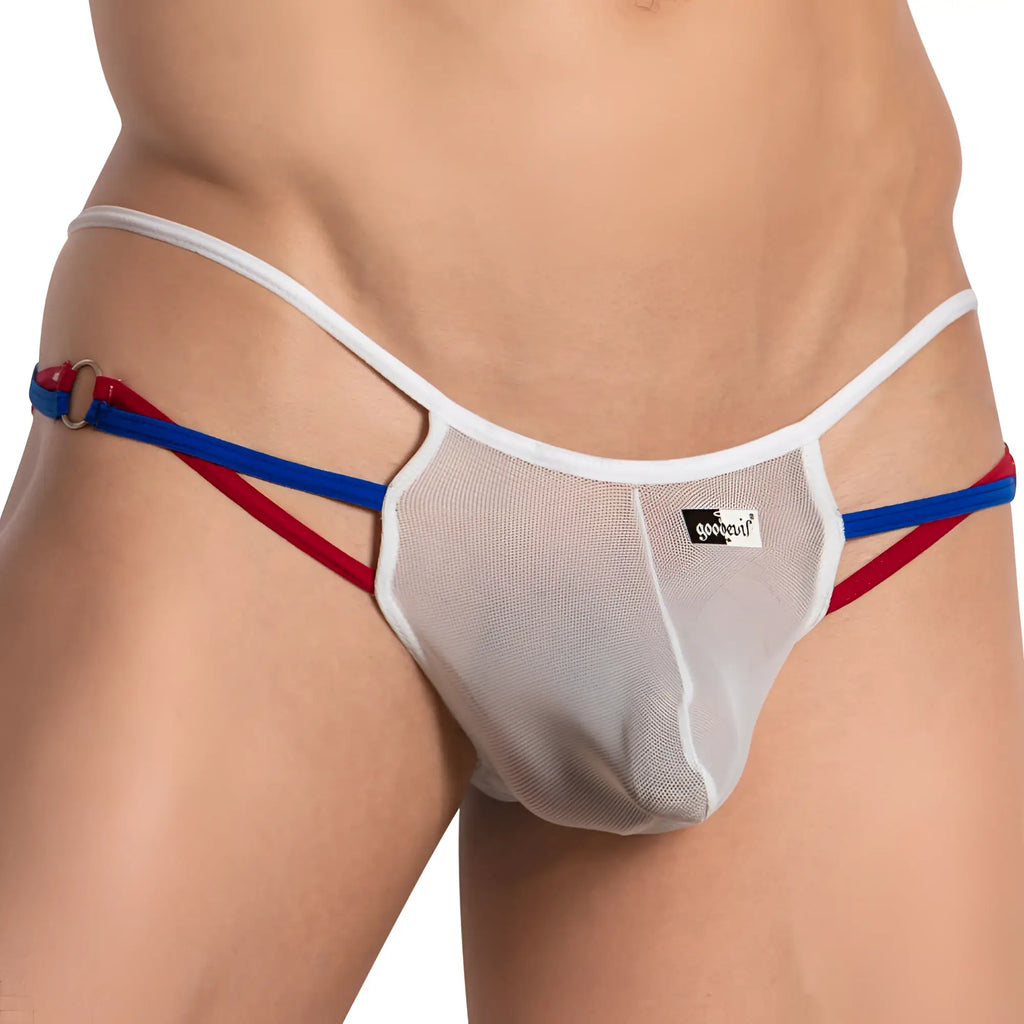 White mesh Good Devil GDK066 thong with red and blue straps and a gold buckle front view