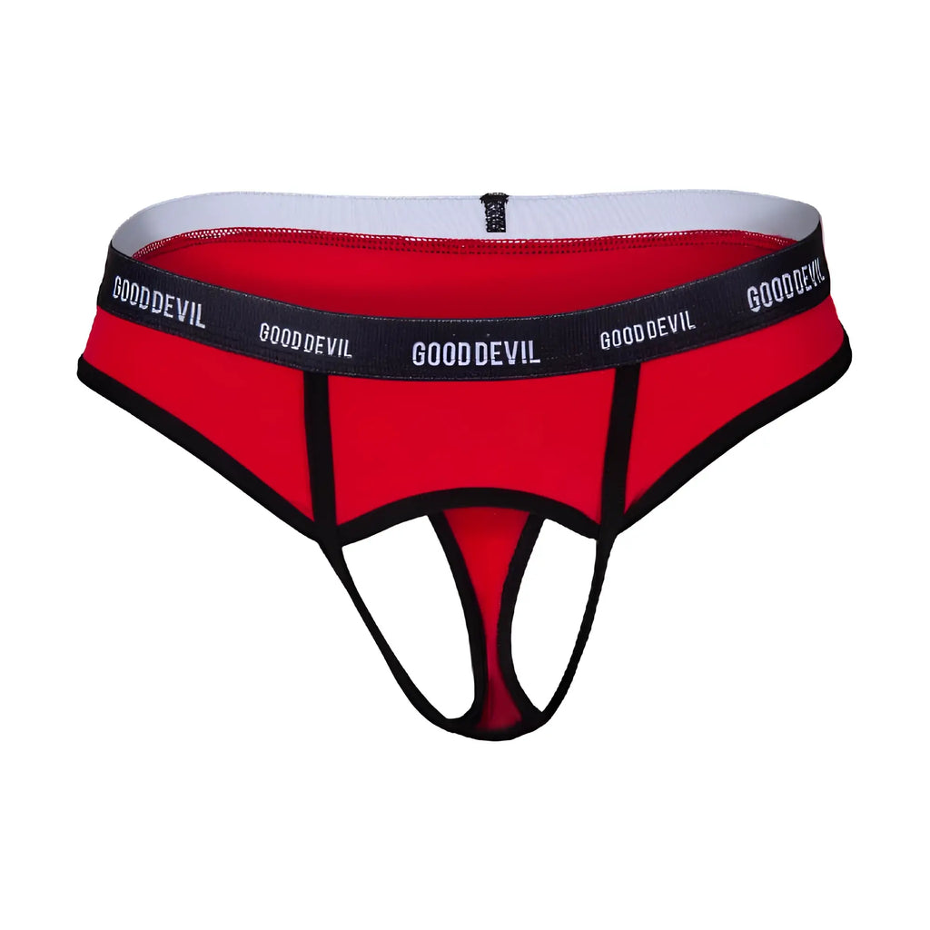 Good Devil GDK071 thong in red and black with a white inner waistband featuring a devil design