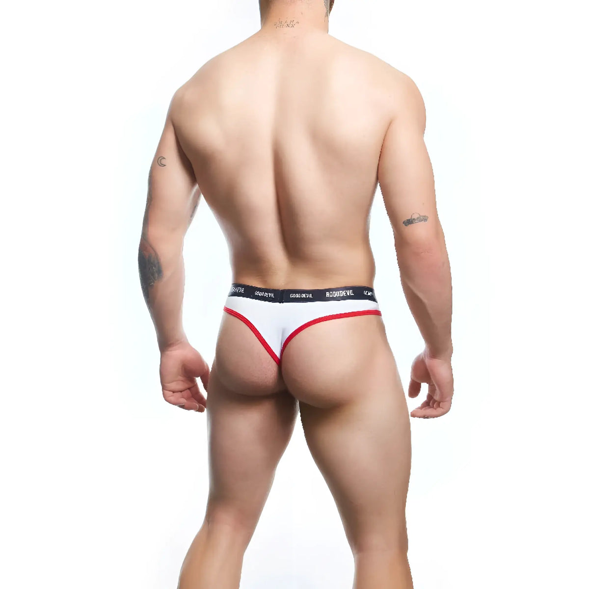 White and red thong with black elastic waistband featuring robodevil branding from good devil gdk071 collection