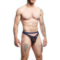 Black mesh Good Devil GDK072 thong with navy blue trim and small white logo on the side front view