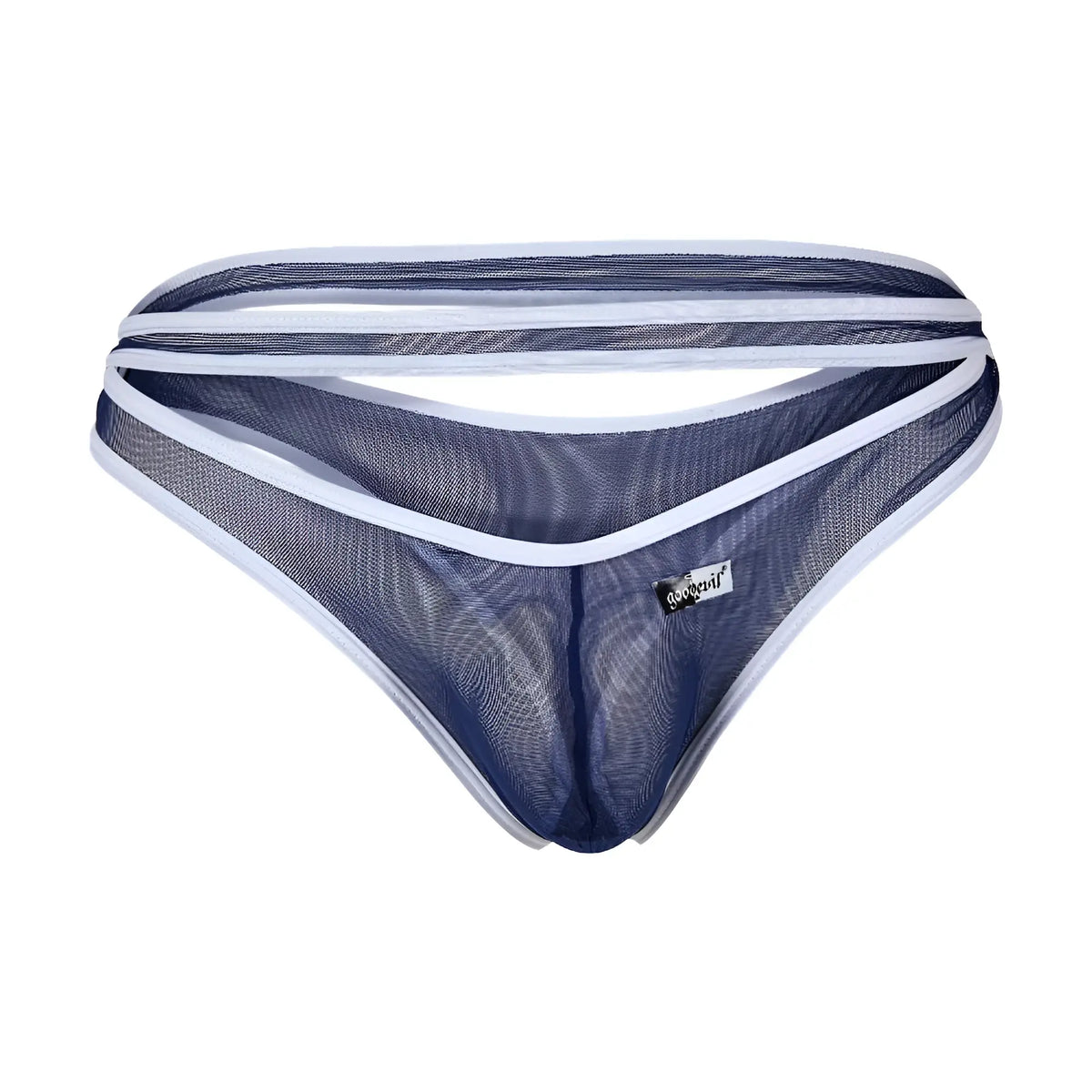Good Devil GDK072 thong in navy blue mesh with white trim and a small black brand tag visible on the front