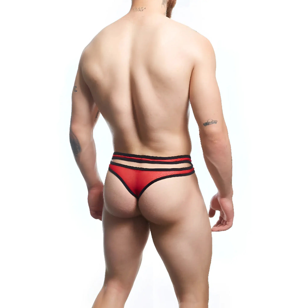 Good Devil GDK072 thong in red and black stripes with sheer mesh fabric showing the back side design
