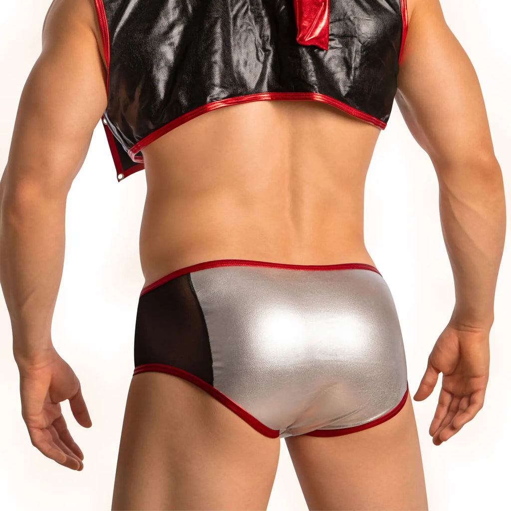 Silver and black metallic briefs with red trim from good devil gdt002 set showing front view