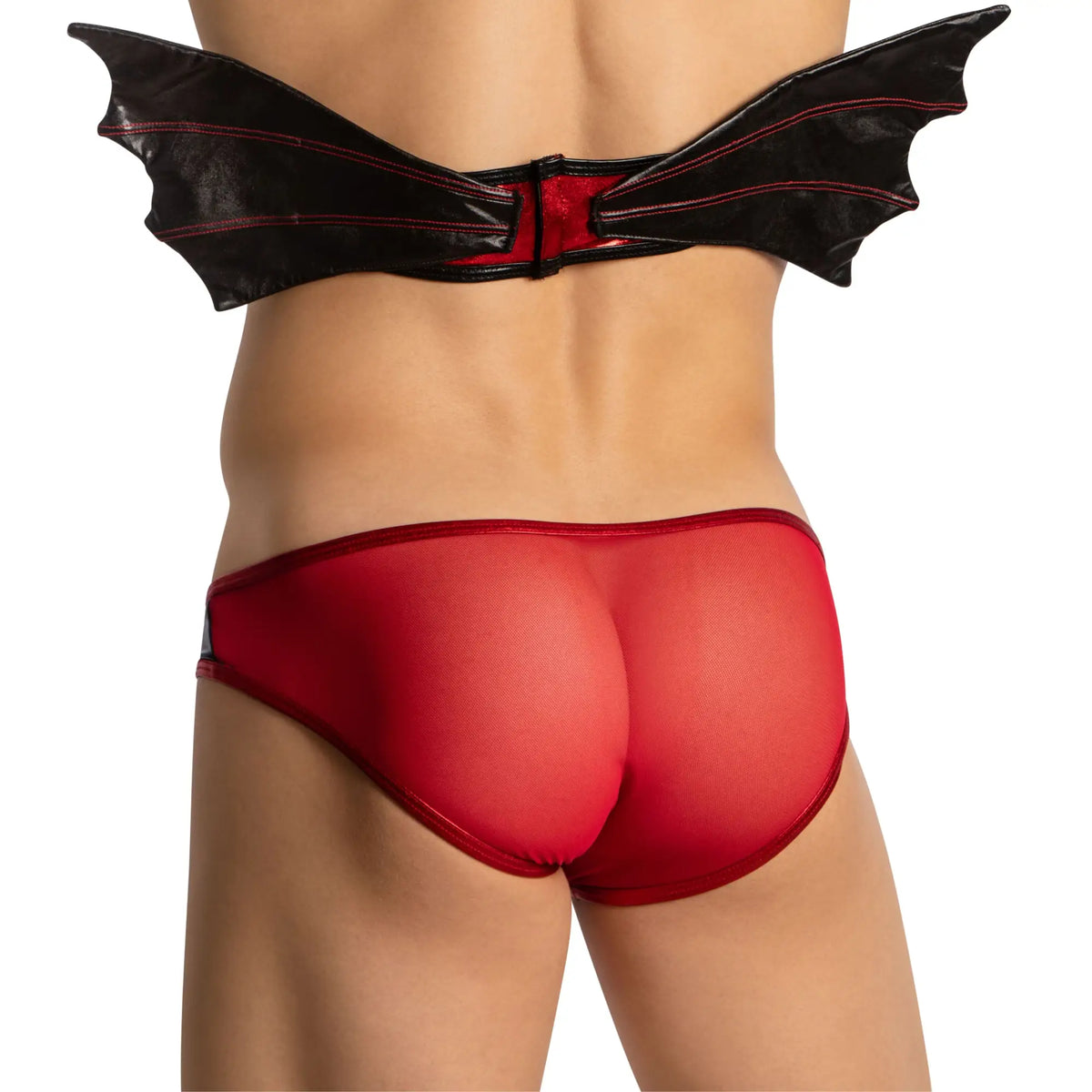Red mesh briefs with black bat wings attached at the waistband from good devil gdt003 set