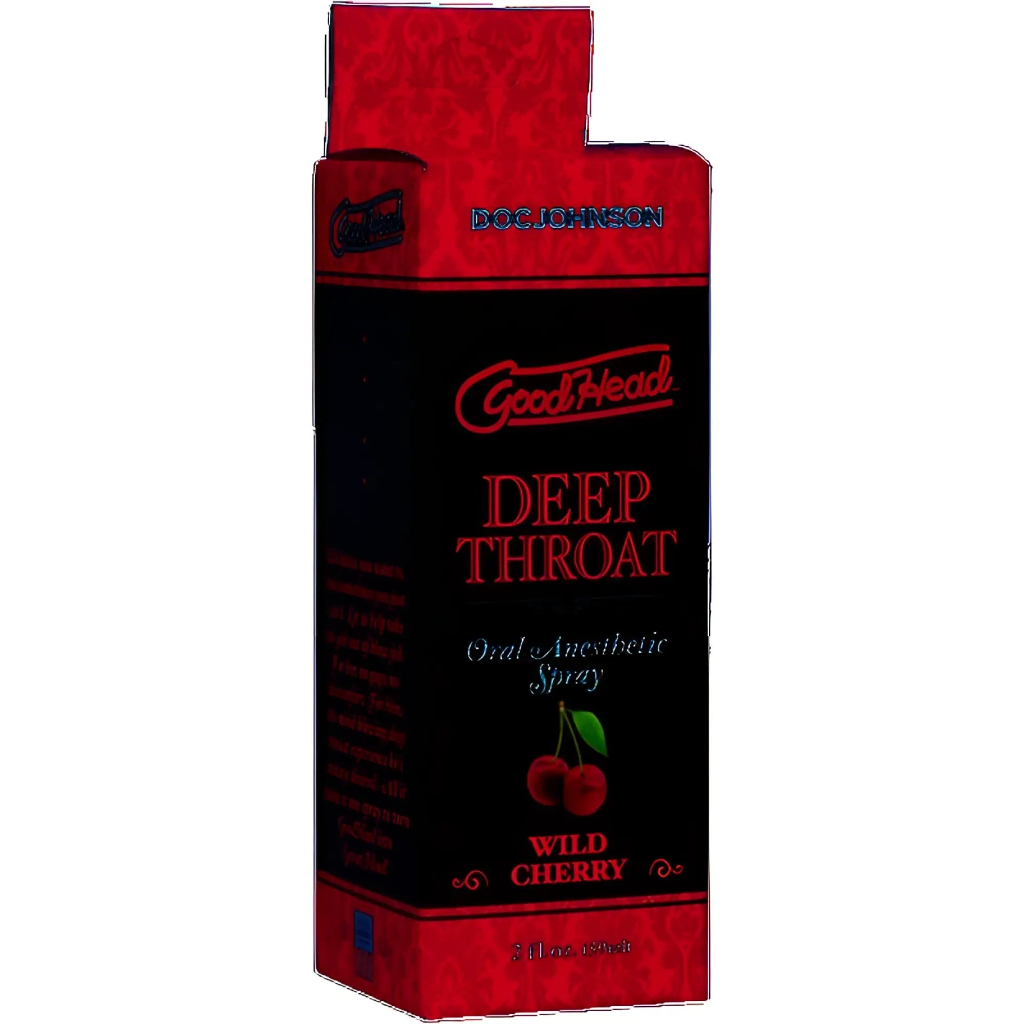 Red and black cardboard box for Doc Johnson GoodHead deep throat oral anesthetic spray wild cherry flavor 59ml