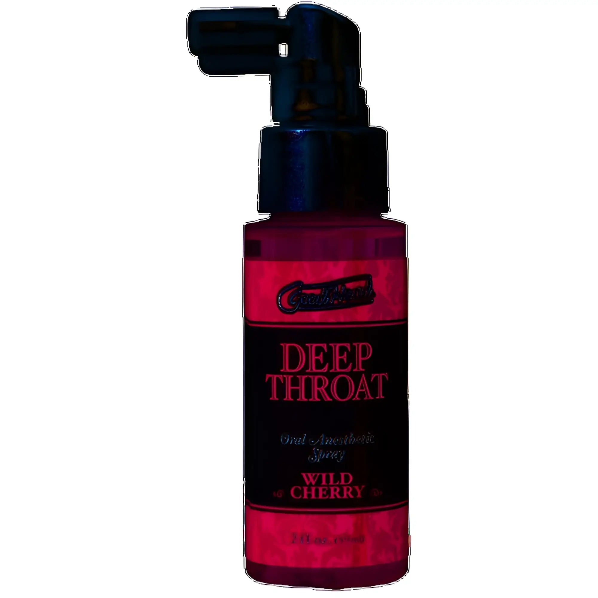 A vibrant red plastic deep throat wild cherry oral anesthetic spray bottle with black pump nozzle by cherry bomb