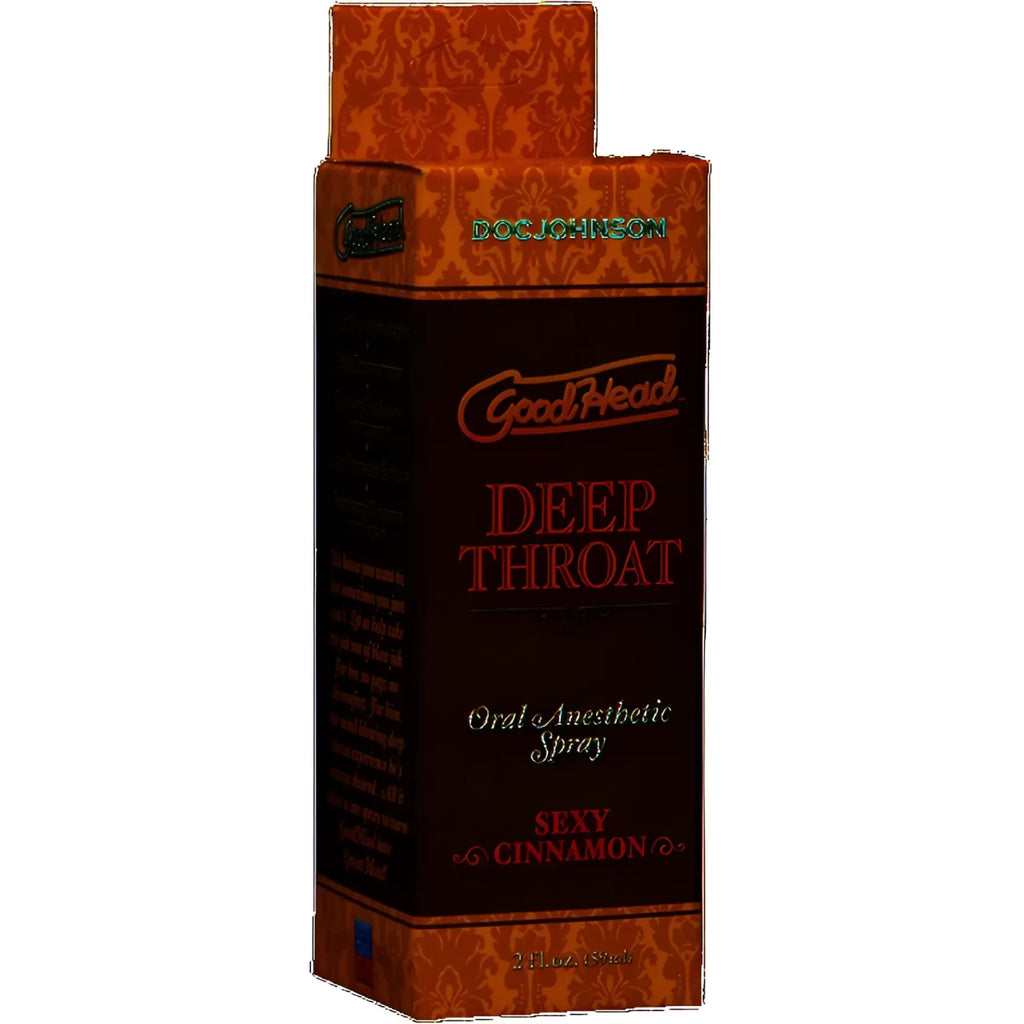 Doc Johnson GoodHead deep throat oral anesthetic spray in sleek black and orange damask box cinnamon flavor 59ml
