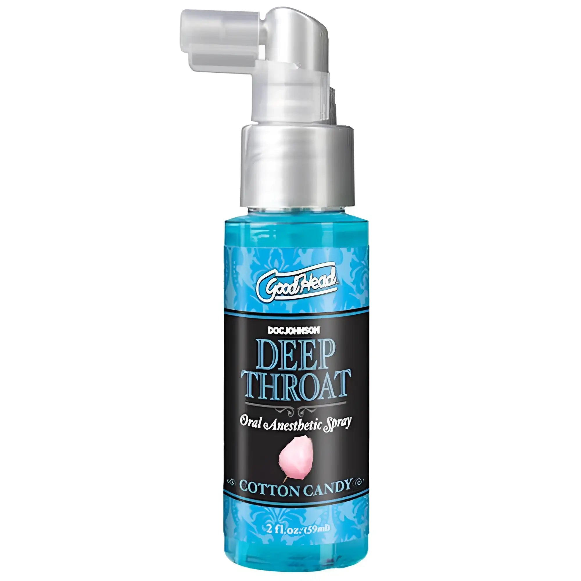 Blue transparent bottle with silver spray nozzle and black label of goodhead deep throat oral anesthetic spray cotton candy 59ml