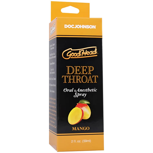 Doc johnson goodhead deep throat oral anesthetic spray mango flavor in black and orange box with sliced mango illustration