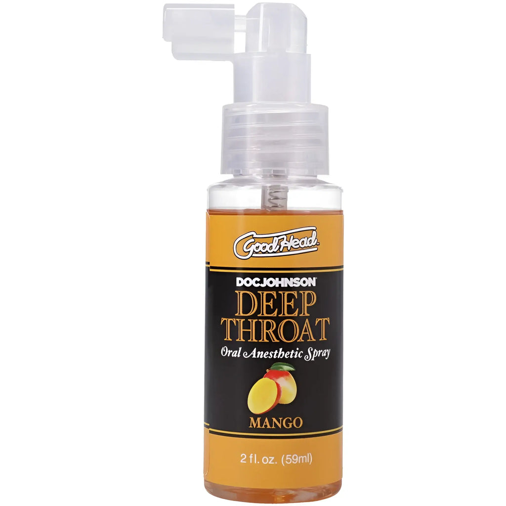 Goodhead deep throat oral anesthetic spray mango flavor 59ml in clear plastic bottle with orange and black label