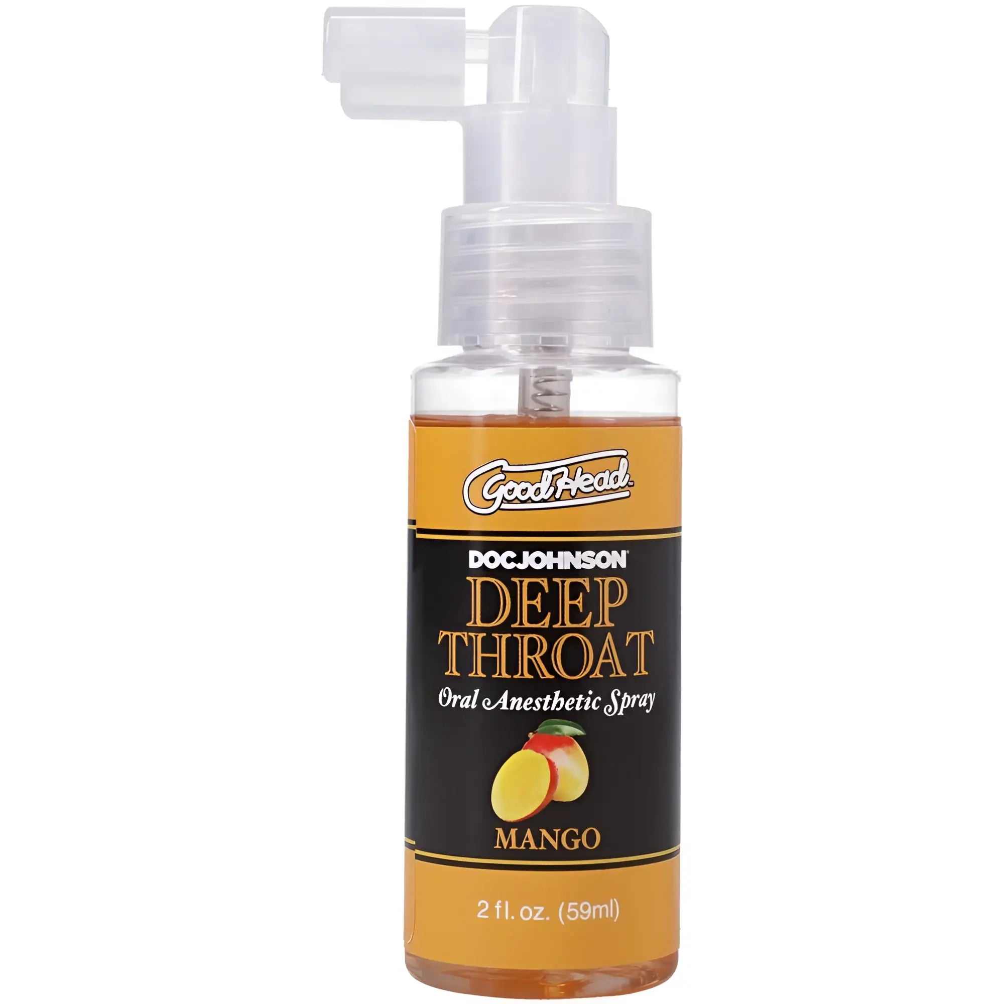 Goodhead deep throat oral anesthetic spray mango flavor 59ml in clear plastic bottle with orange and black label