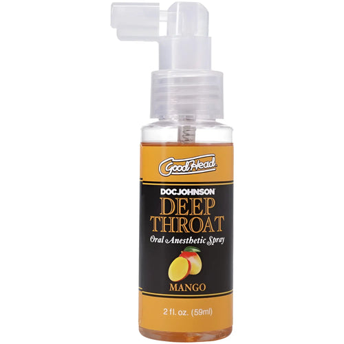 Goodhead deep throat oral anesthetic spray mango flavor 59ml in clear plastic bottle with orange and black label