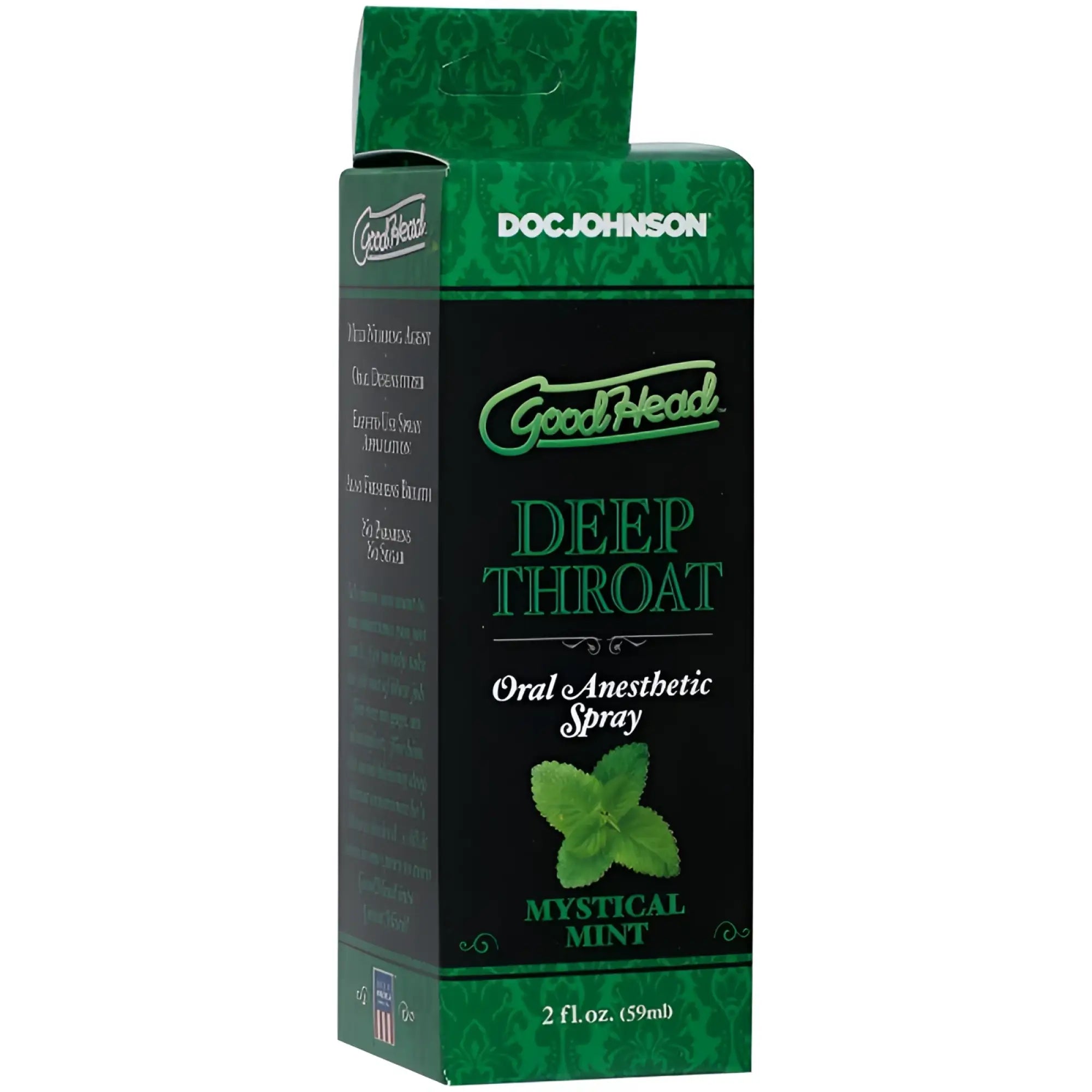 Green and black cardboard box for doc johnson goodhead deep throat oral anesthetic spray in mystical mint flavor