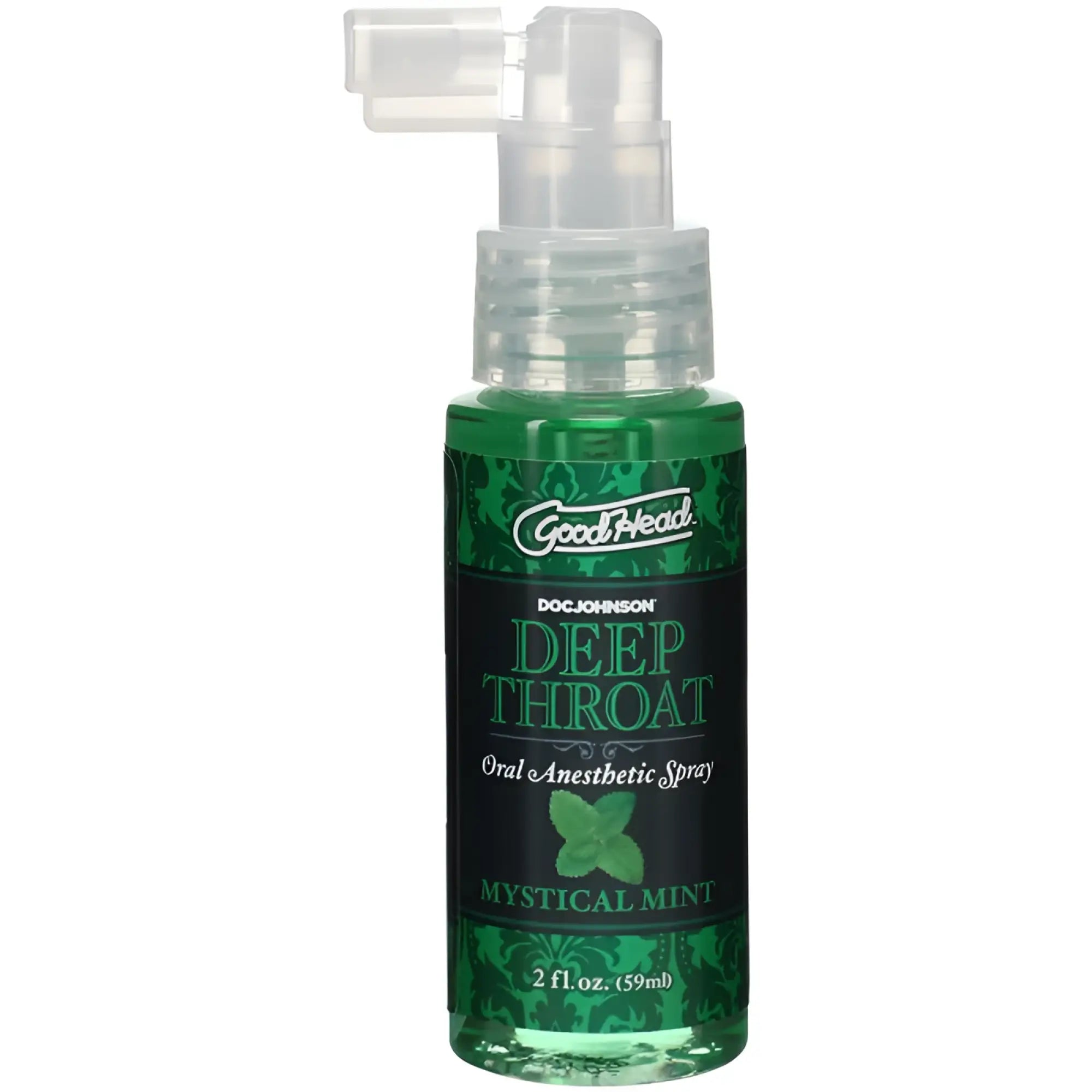 Green glass bottle of goodhead deep throat oral anesthetic spray in mystical mint flavor 59ml bottle