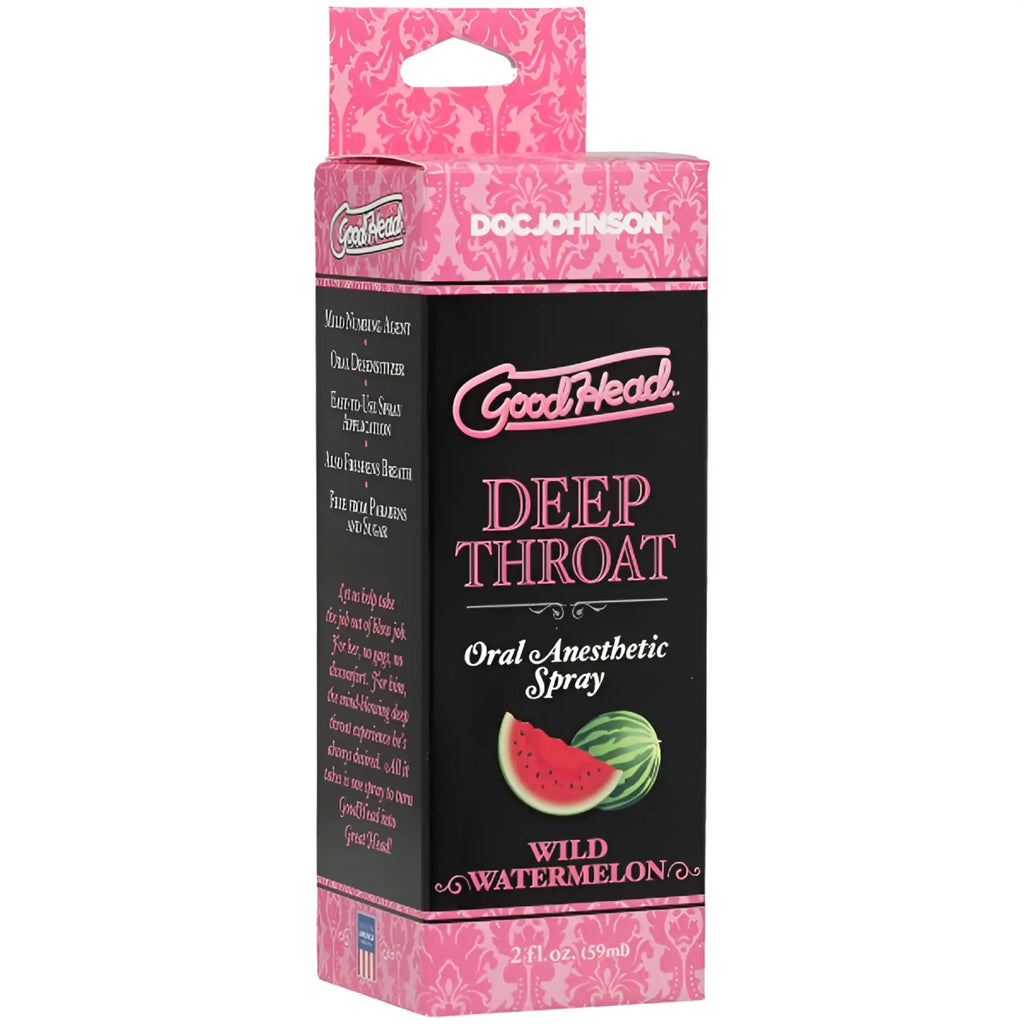 GoodHead deep throat oral anesthetic spray wild watermelon flavor in pink and black 59ml packaging for numbing