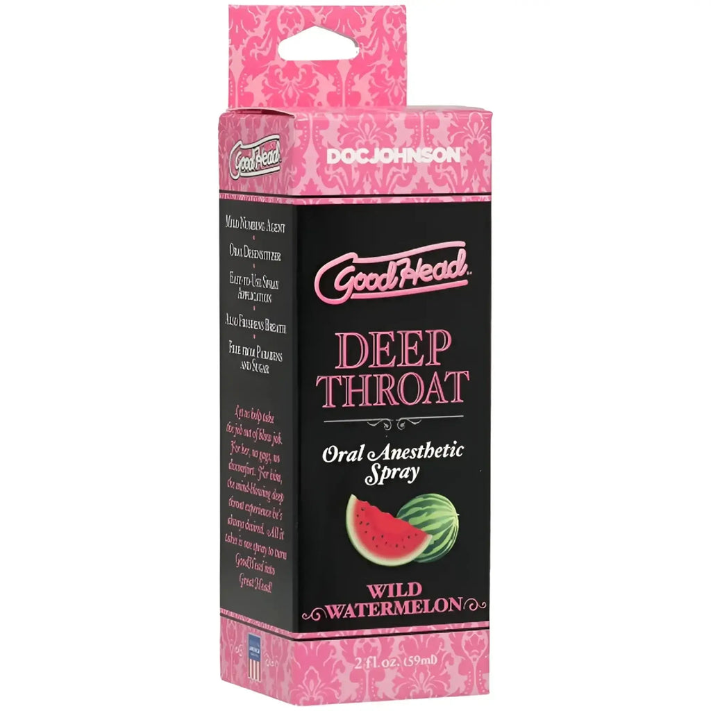 GoodHead deep throat oral anesthetic spray wild watermelon flavor in pink and black 59ml packaging for numbing