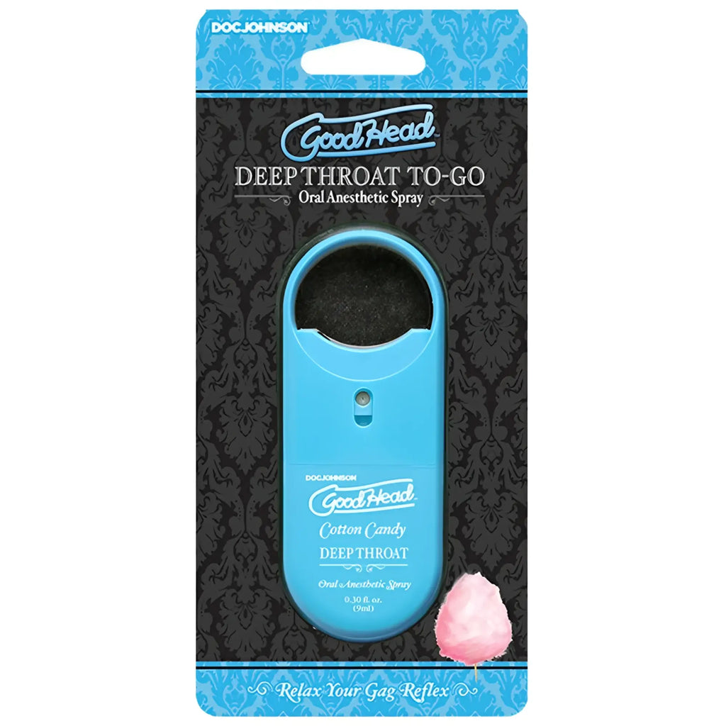 Blue plastic goodhead deep throat to-go oral anesthetic spray cotton candy flavor packaged in black and blue card