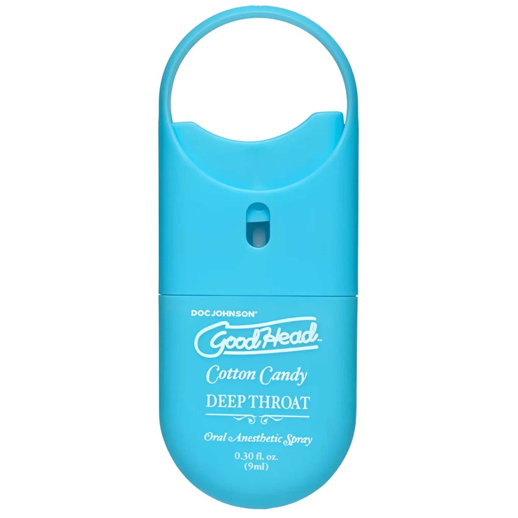 A bright blue compact oral anesthetic spray with handle labeled goodhead cotton candy deep throat by doc johnson