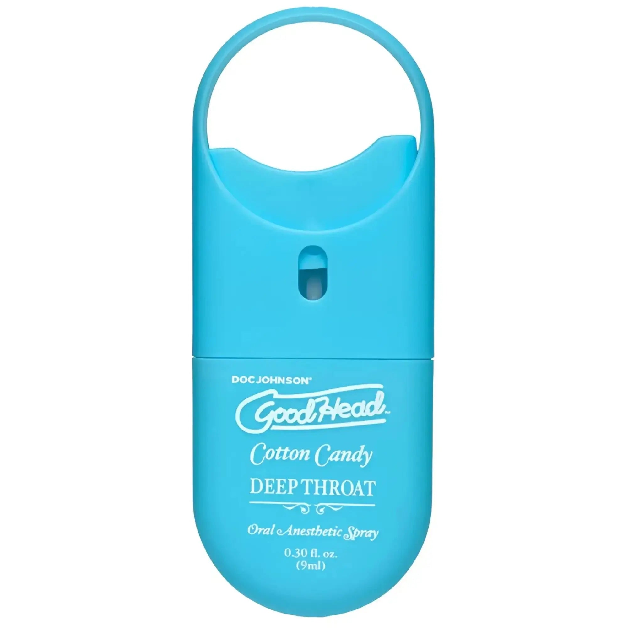 A bright blue compact oral anesthetic spray with handle labeled goodhead cotton candy deep throat by doc johnson