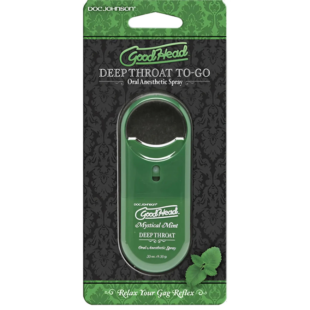 Goodhead to-go deep throat oral anesthetic spray mint 9ml in green plastic branded packaging for easy use