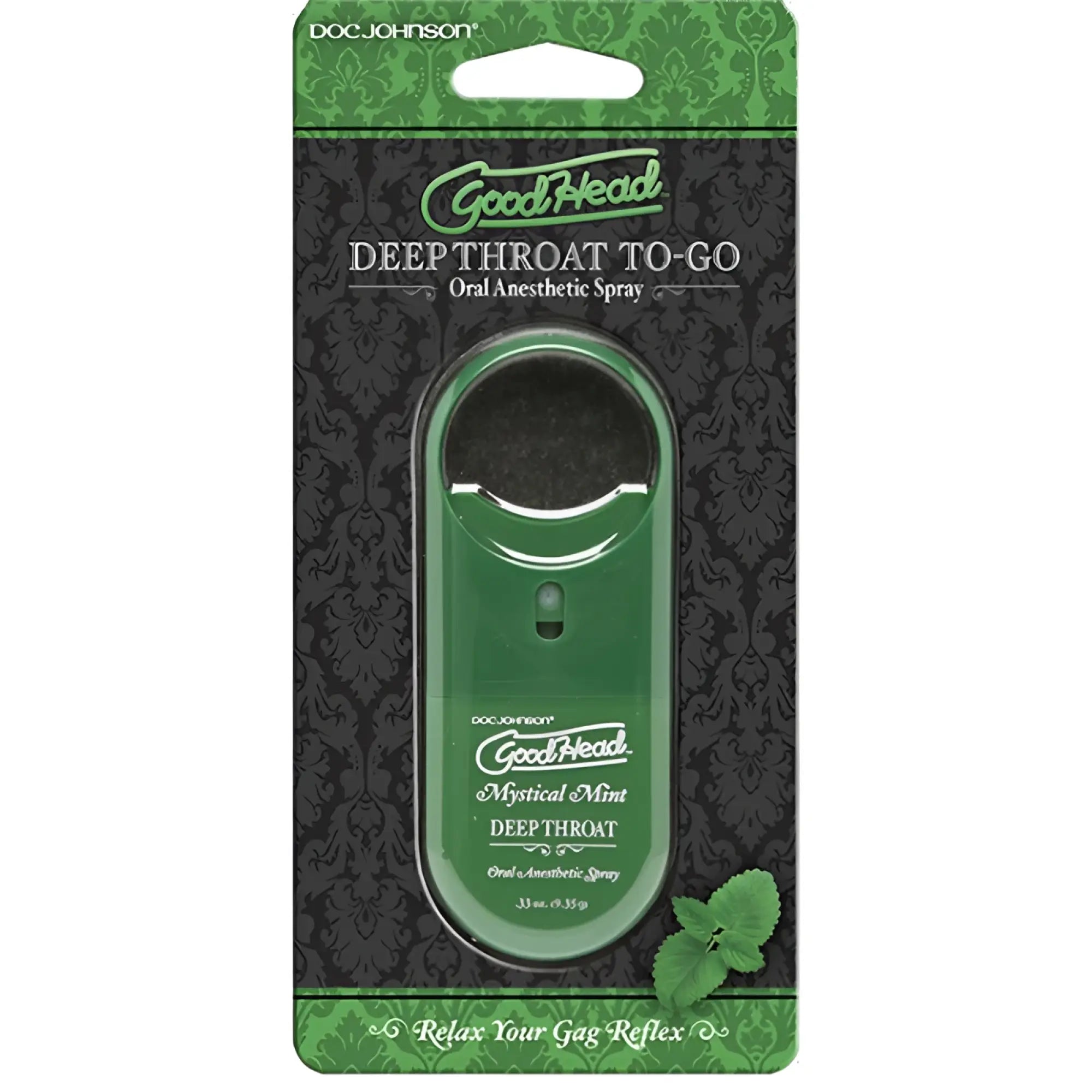 Goodhead to-go deep throat oral anesthetic spray mint 9ml in green plastic branded packaging for easy use